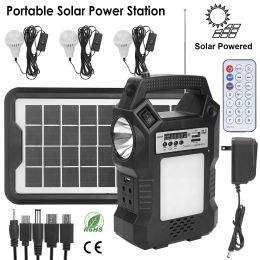 Portable Solar Power Station Rechargeable Backup Power Bank w/Flashlight 3 Lighting Bulbs For Camping Outage Garden Lamp